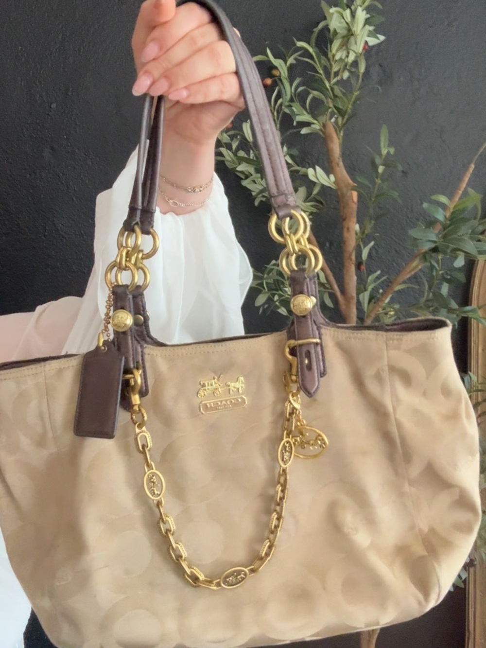 SOLD ON OTHER PLATFORM Coach Tan and Brown Signature Tote with Gold Hardware